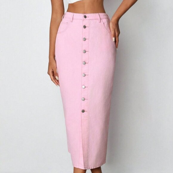 Pink Casual Women's Denim Maxi Skirt - Picture 2 of 7